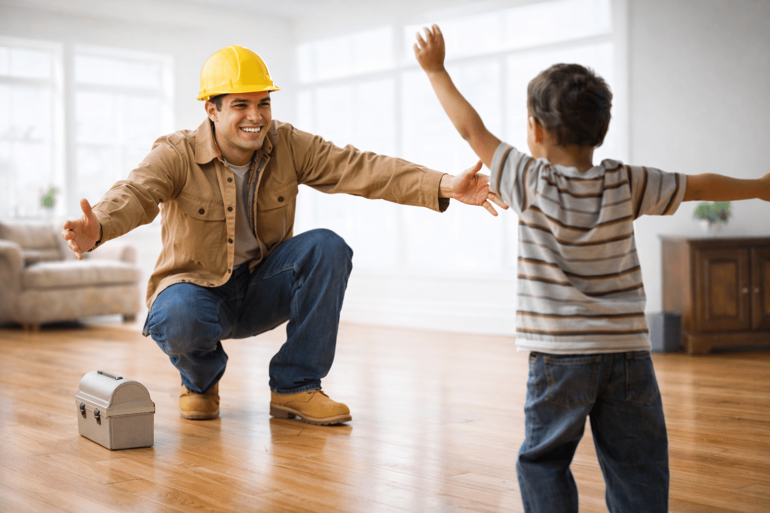 Contractor arriving home to greet his child